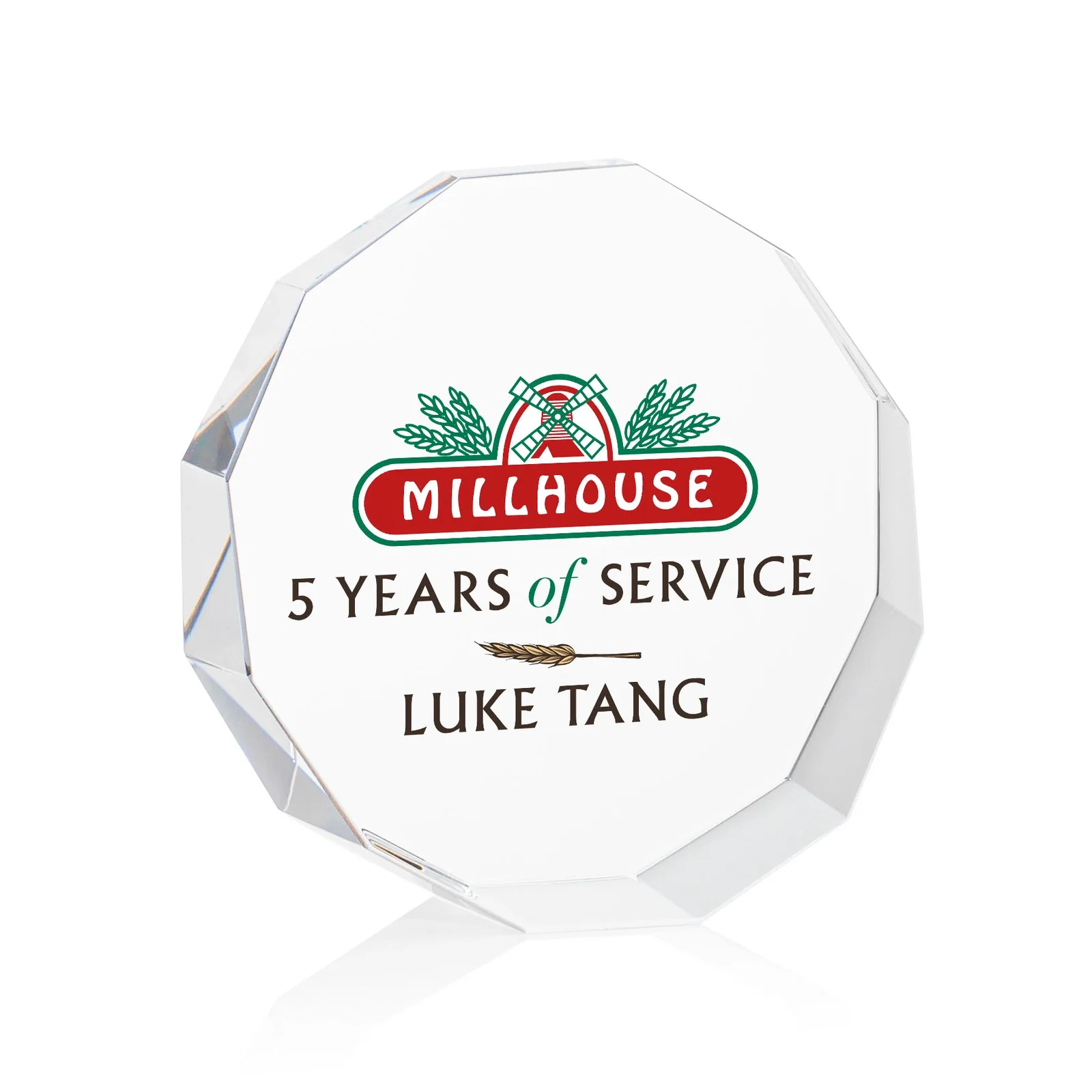 Custom 12-Sided Faceted Crystal Paperweight, 3.25" x 1.125", client appreciation gift for donor appreciation