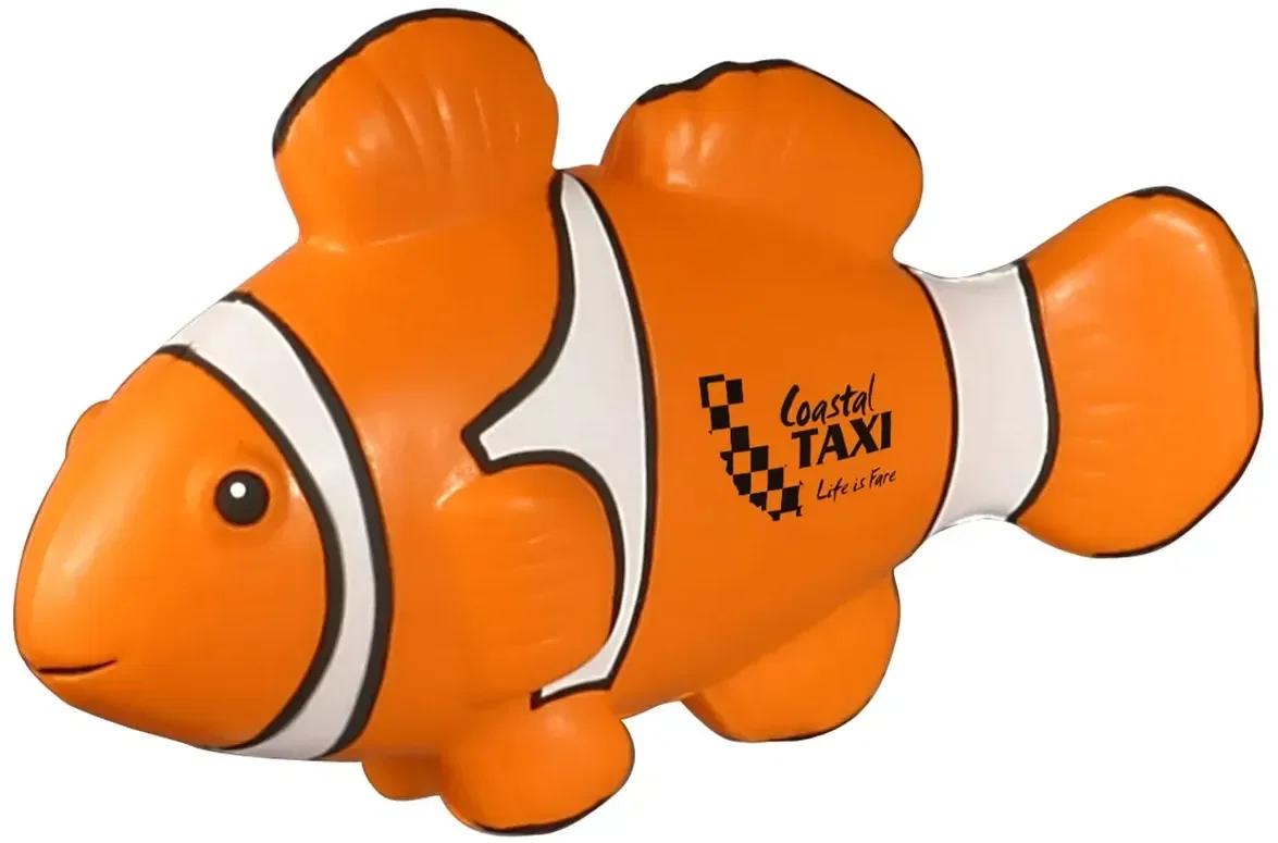 Clown Fish Stress Reliever custom promotional squeeze toy, front view of branded clown fish toy