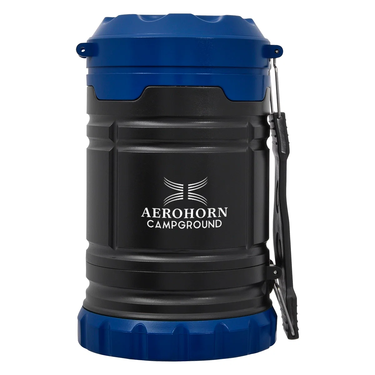 Black camping lantern shown with its carry handle