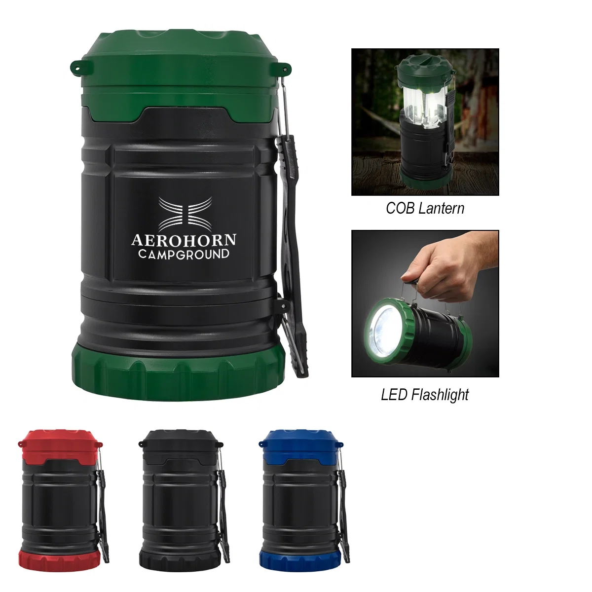 Pop-up camping lantern with a handle, closed size shown