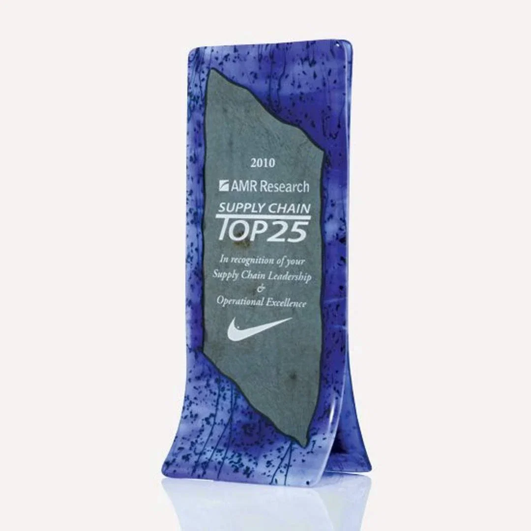 Custom Freestanding Cobalt Double-Fusion Art Glass Award for corporate award ceremonies