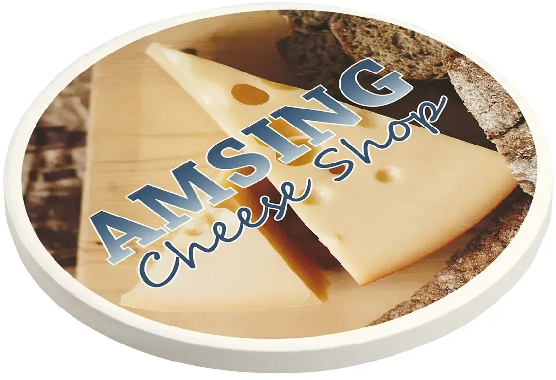 Cobblestone custom absorbent coaster with cork base, branded Dolomite stone coaster, top view