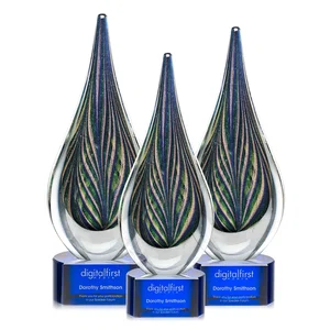 Glass Peacock Feather Teardrop Award With Colorfill Etch