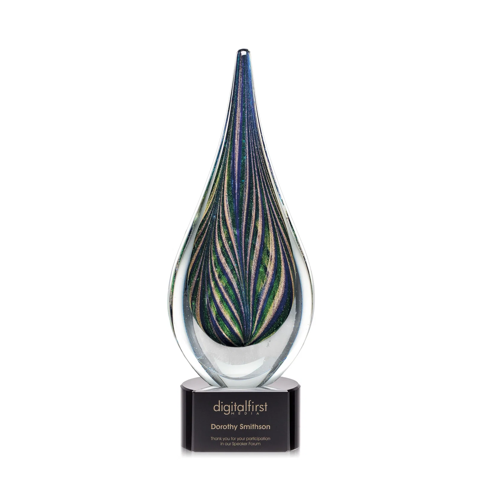 Custom Glass Peacock Feather Teardrop Award With Colorfill Etch for volunteer appreciation