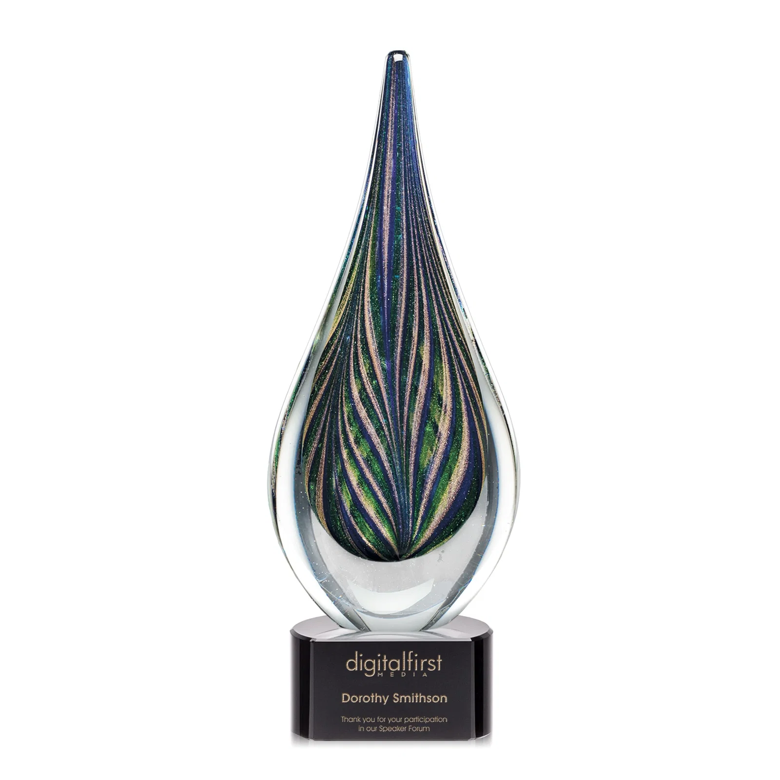 Custom Glass Peacock Feather Teardrop Award With Colorfill Etch for dealer and partner awards