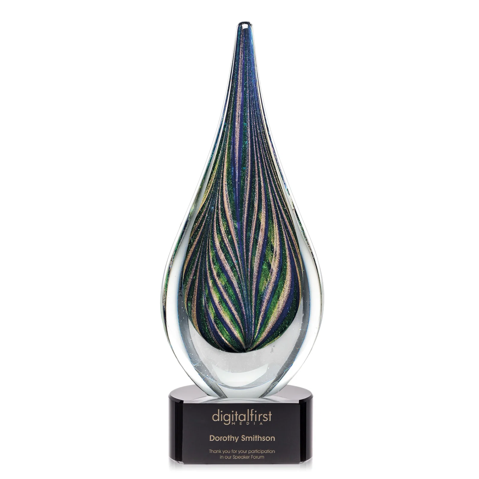Custom Glass Peacock Feather Teardrop Award With Colorfill Etch for company anniversary events