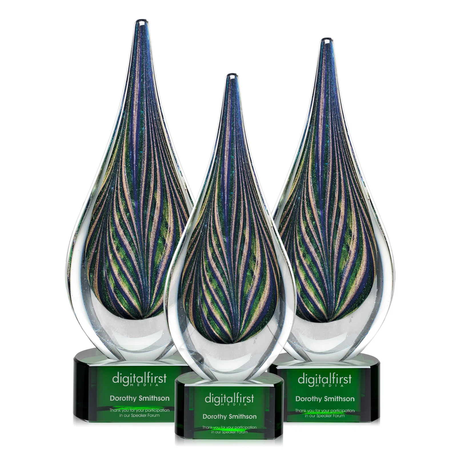 Personalized Glass Peacock Feather Teardrop Award With Colorfill Etch for employee recognition