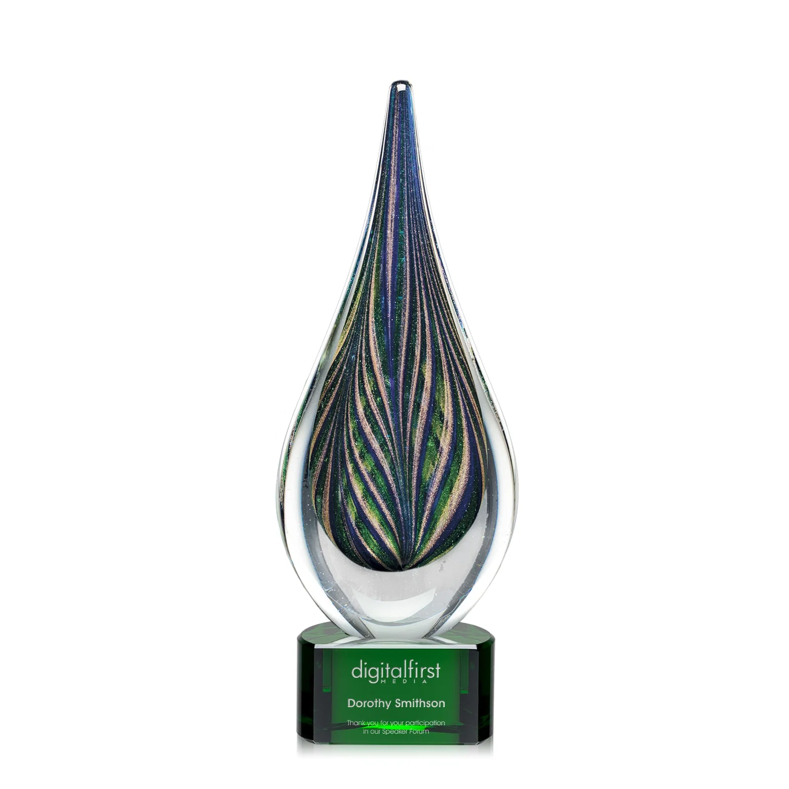 Personalized Glass Peacock Feather Teardrop Award With Colorfill Etch for corporate award ceremonies