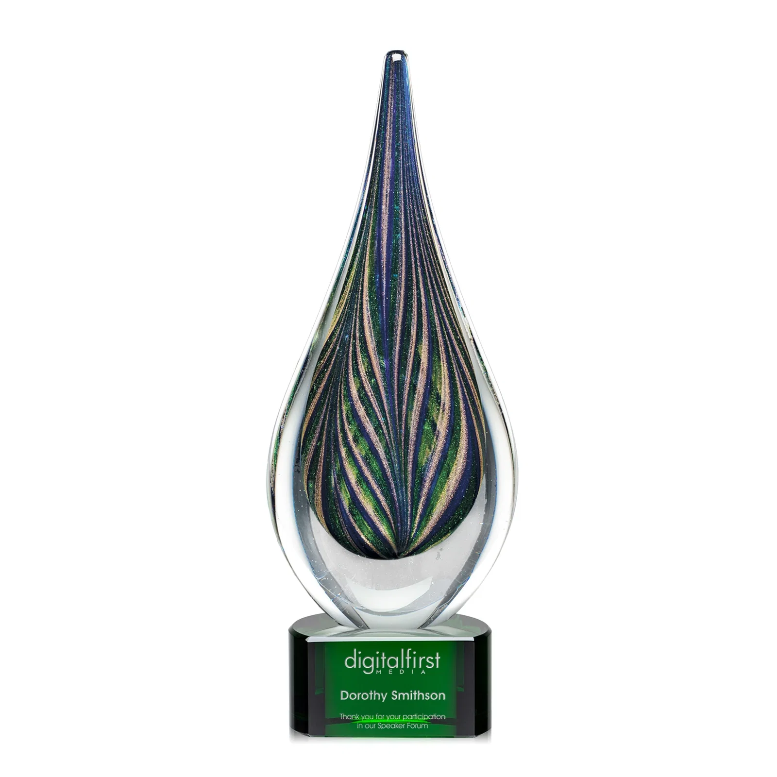 Personalized Glass Peacock Feather Teardrop Award With Colorfill Etch for service anniversary gifts