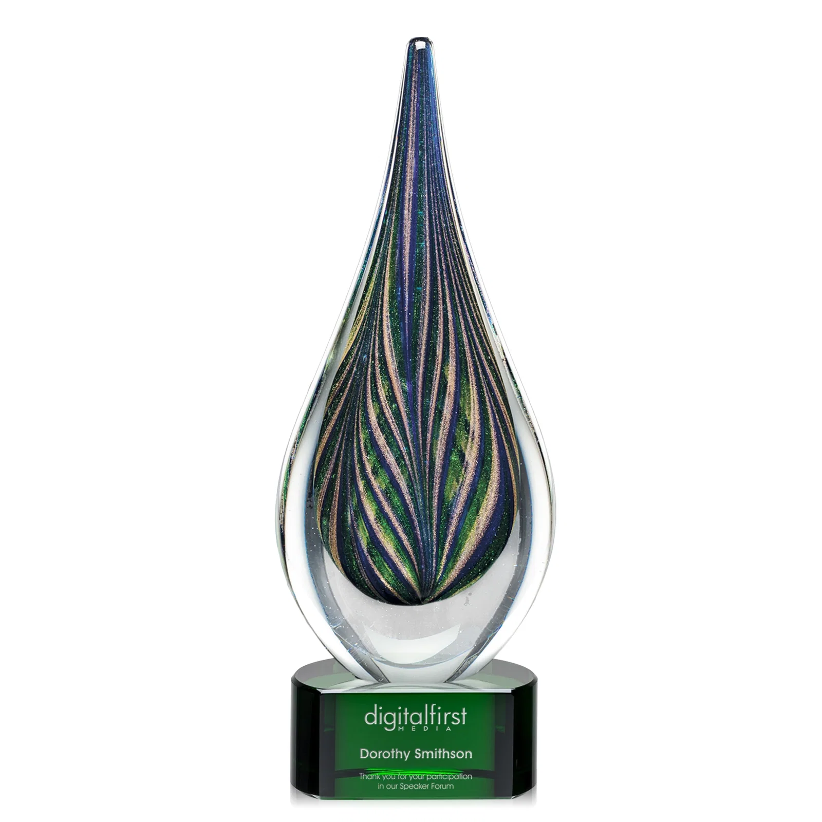 Personalized Glass Peacock Feather Teardrop Award With Colorfill Etch for sales achievement awards