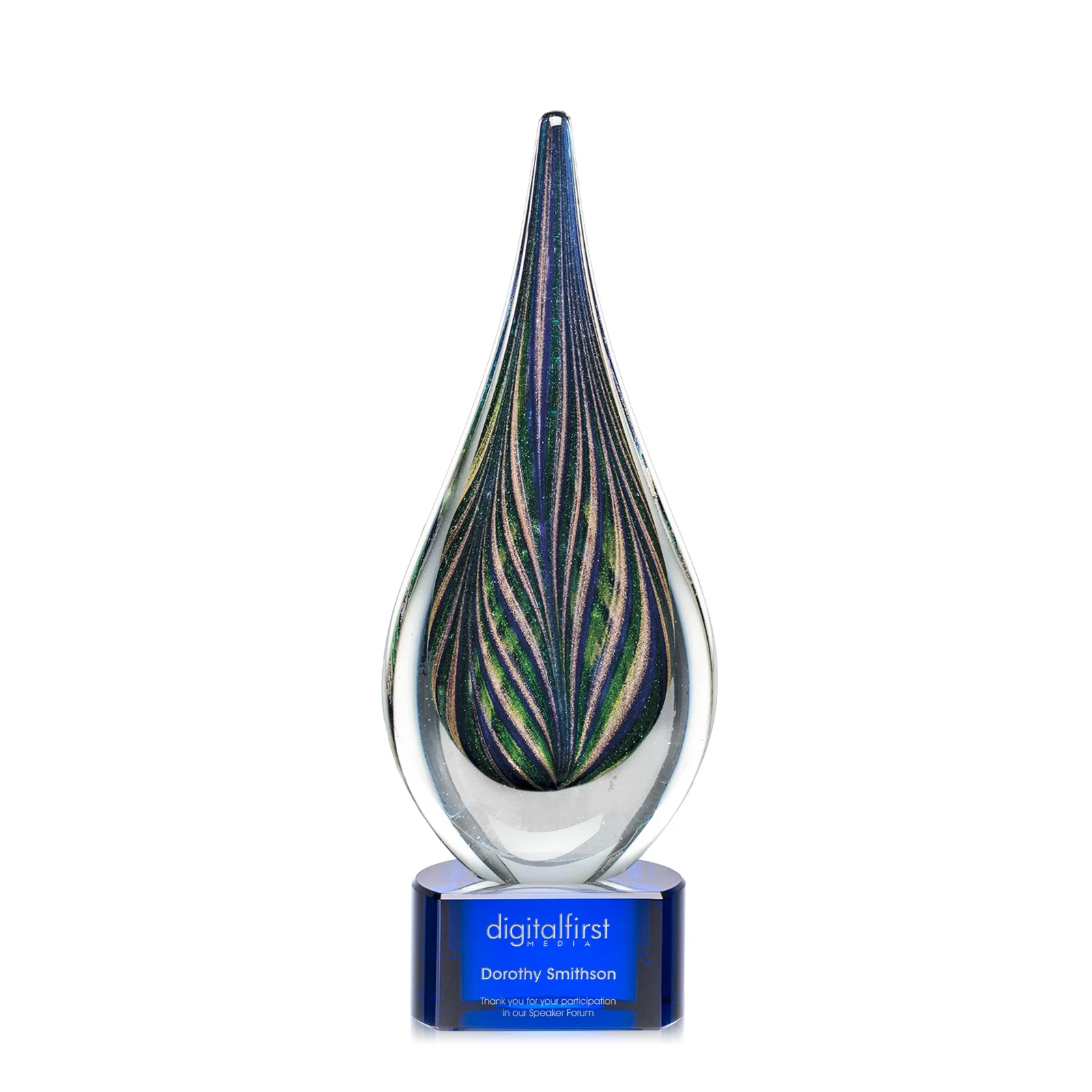 Custom Glass Peacock Feather Teardrop Award With Colorfill Etch for corporate award ceremonies