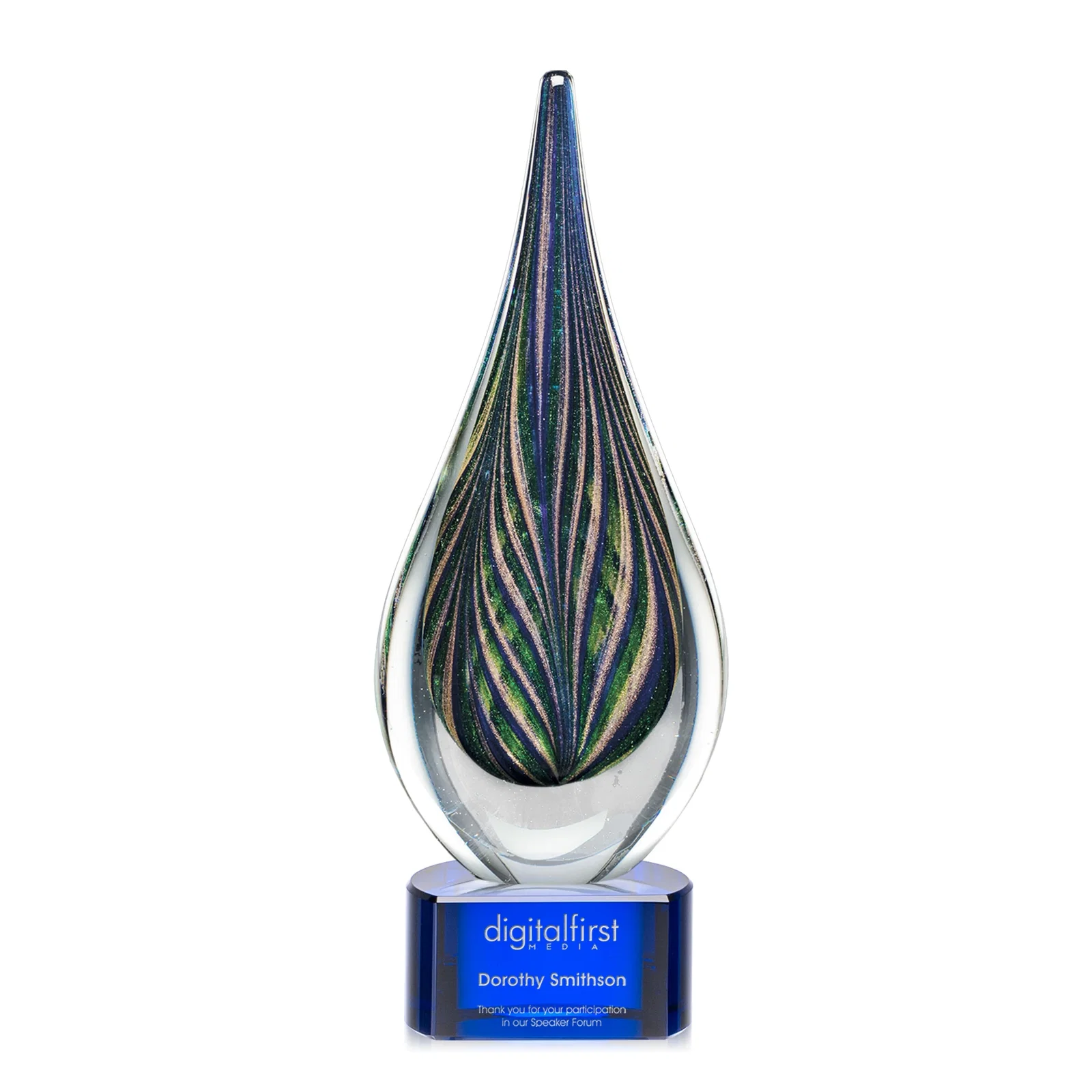 Custom Glass Peacock Feather Teardrop Award With Colorfill Etch for service anniversary gifts