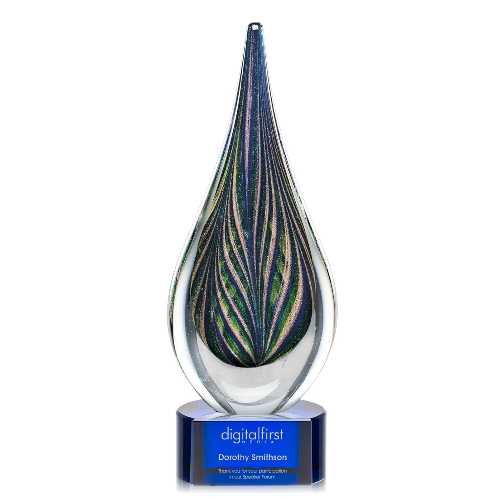 Custom Glass Peacock Feather Teardrop Award With Colorfill Etch for sales achievement awards
