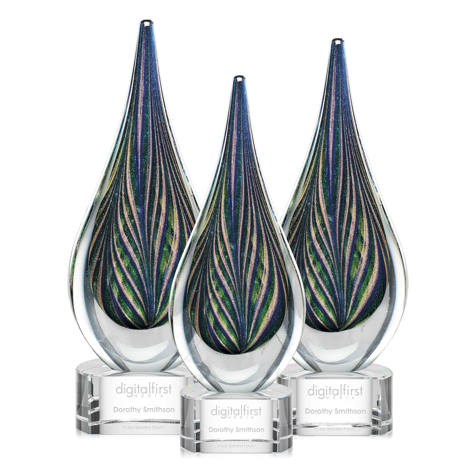 Custom Glass Peacock Feather Teardrop Award With Colorfill Etch for retirement presentations
