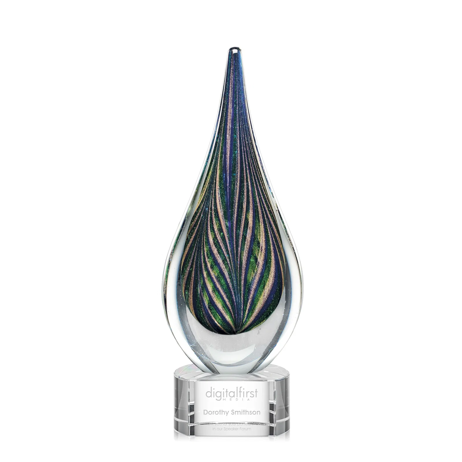 Custom Glass Peacock Feather Teardrop Award With Colorfill Etch for team milestone celebrations