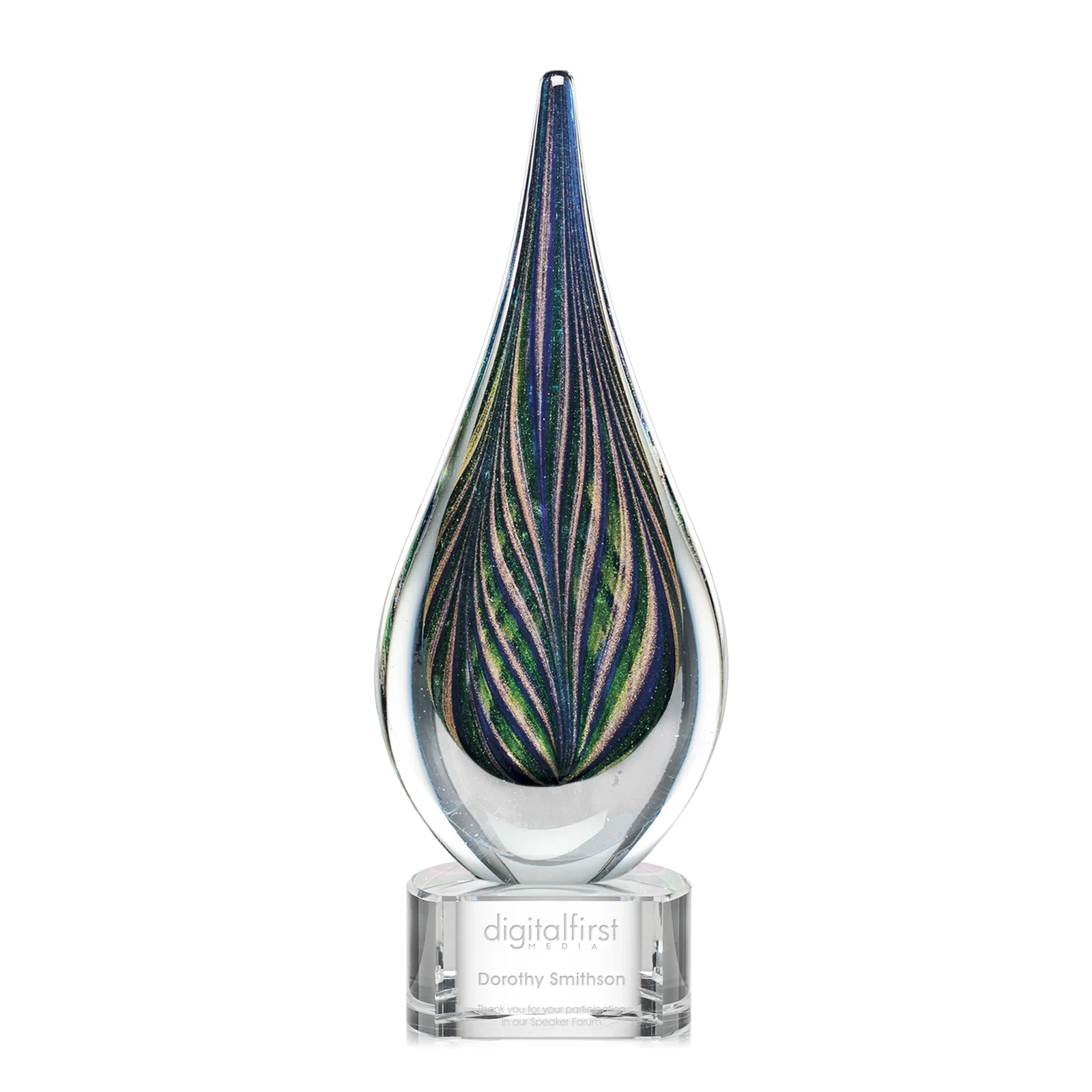 Custom Glass Peacock Feather Teardrop Award With Colorfill Etch for donor appreciation
