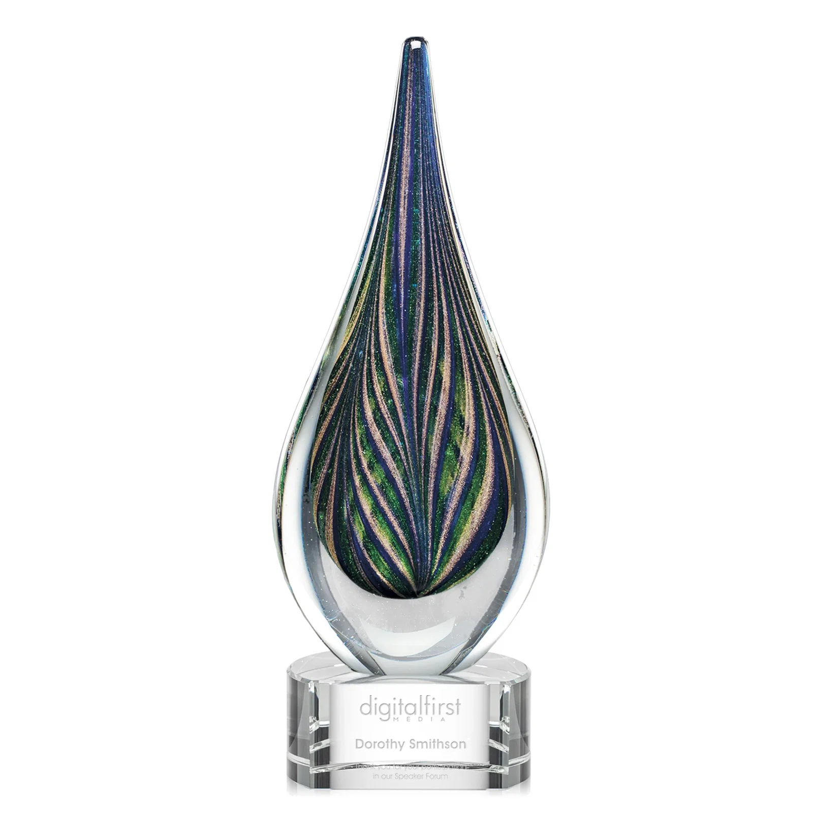 Custom Glass Peacock Feather Teardrop Award With Colorfill Etch for graduation ceremonies