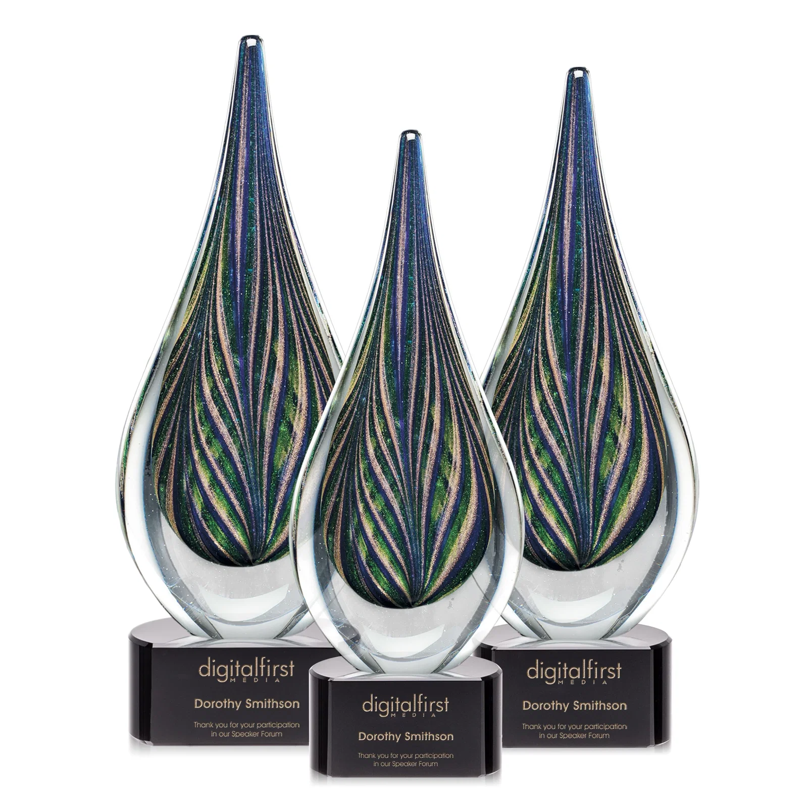 Custom Glass Peacock Feather Teardrop Award With Colorfill Etch for safety achievement programs