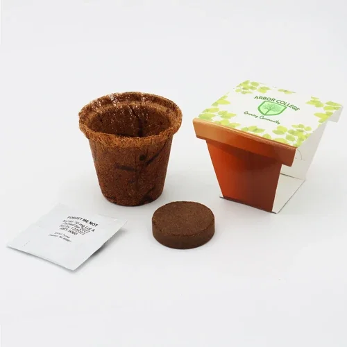 Coco Coir Planter Seed Kit components: coir planter, soil disk, seed packet and instructions