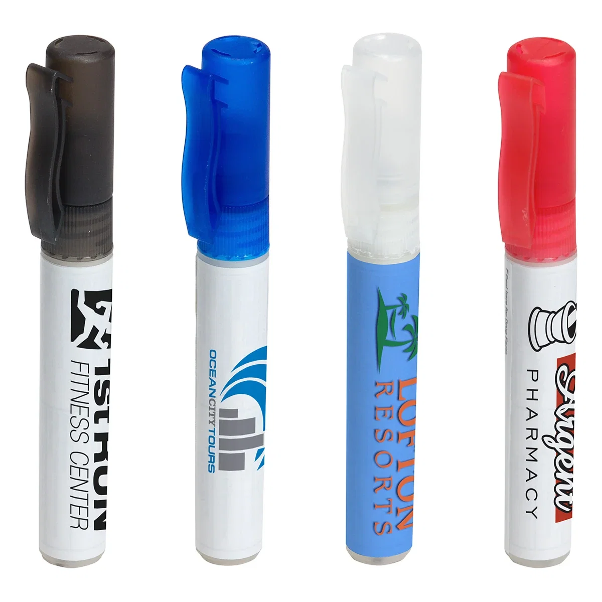 Custom Coconut SPF 30 sunscreen pen clipped to a bag, branded promotional sunscreen angled view
