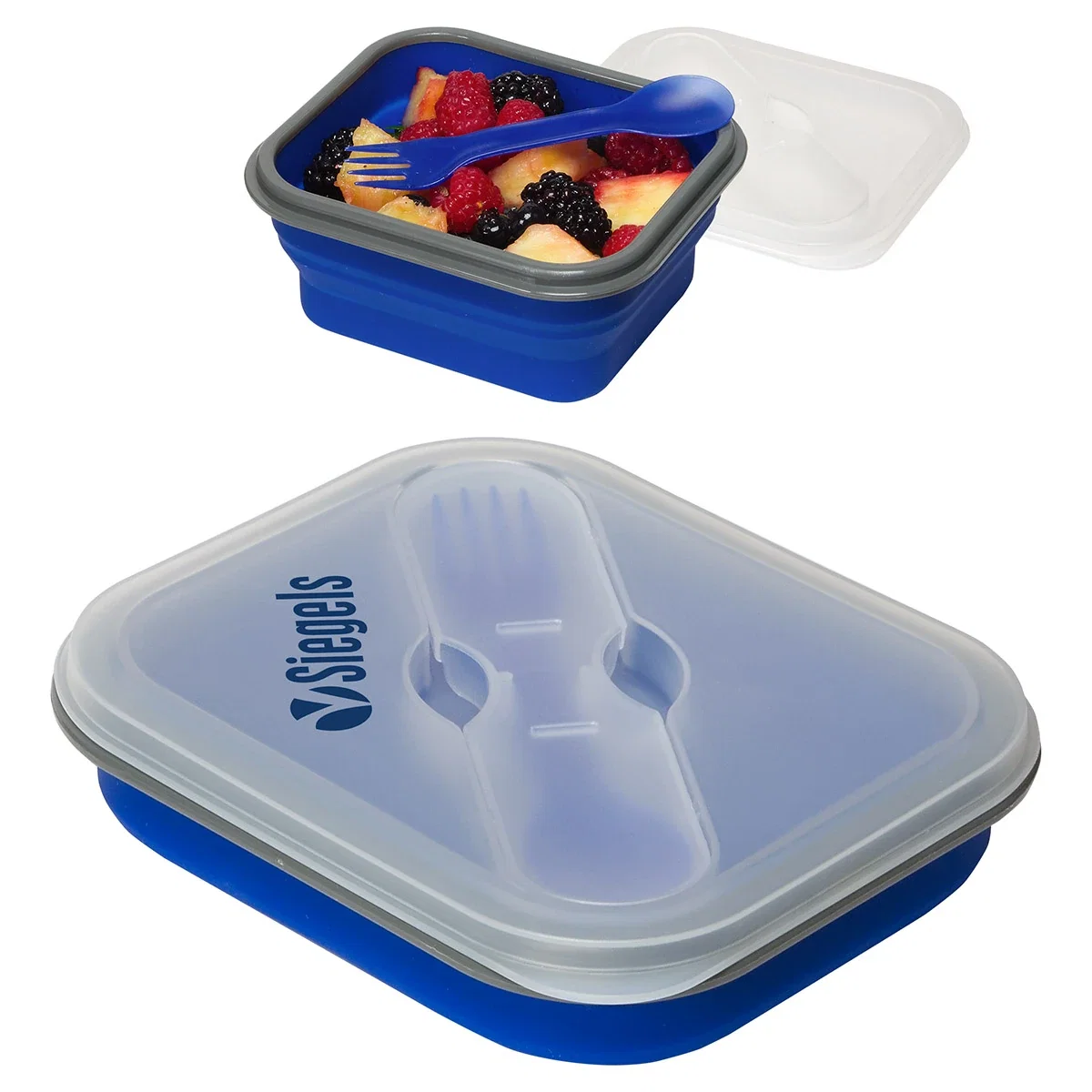 Custom Collapsible Silicone Lunch Box with Fork & Spoon, front view of the branded lunch box