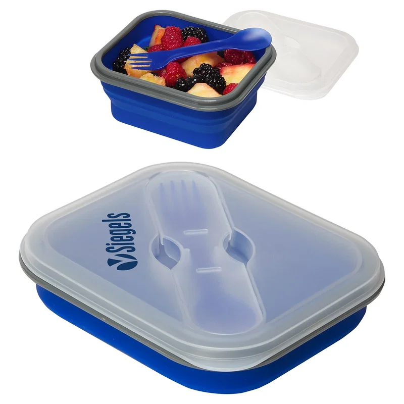 Custom Collapsible Silicone Lunch Box with Fork & Spoon, front view of the branded lunch box