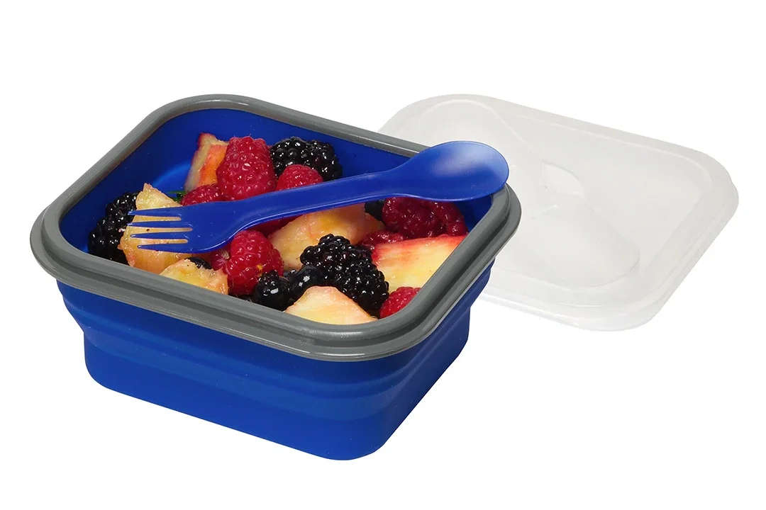 Close-up of the fork and spoon set packed inside the custom Collapsible Silicone Lunch Box