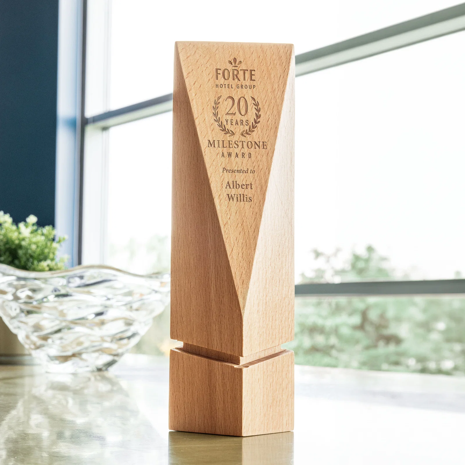 Custom Abstract Geometric Beechwood Sculpture for retirement presentations