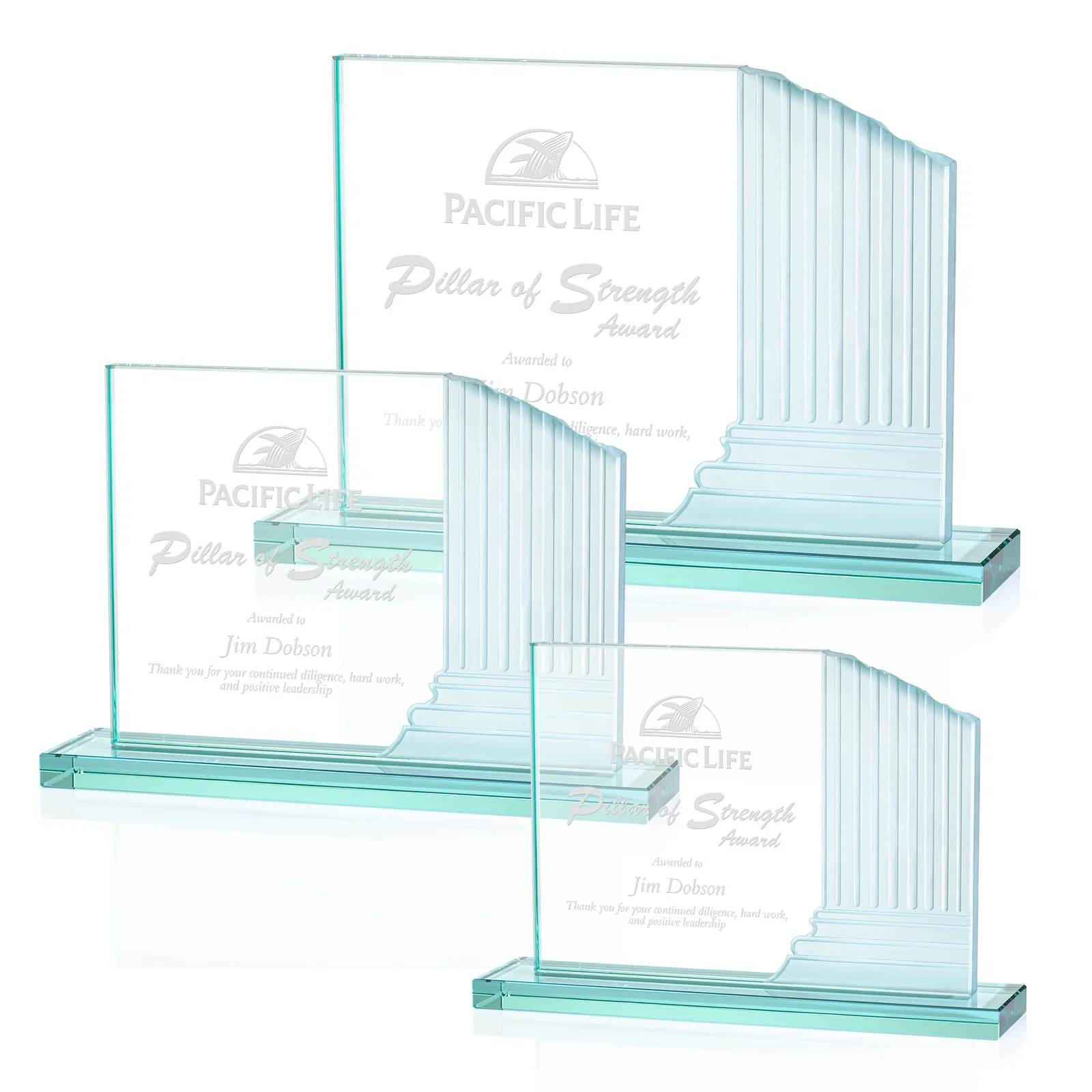 Custom Jade Glass Award Sculpted Into Stepped Colosseum Pillars for employee recognition