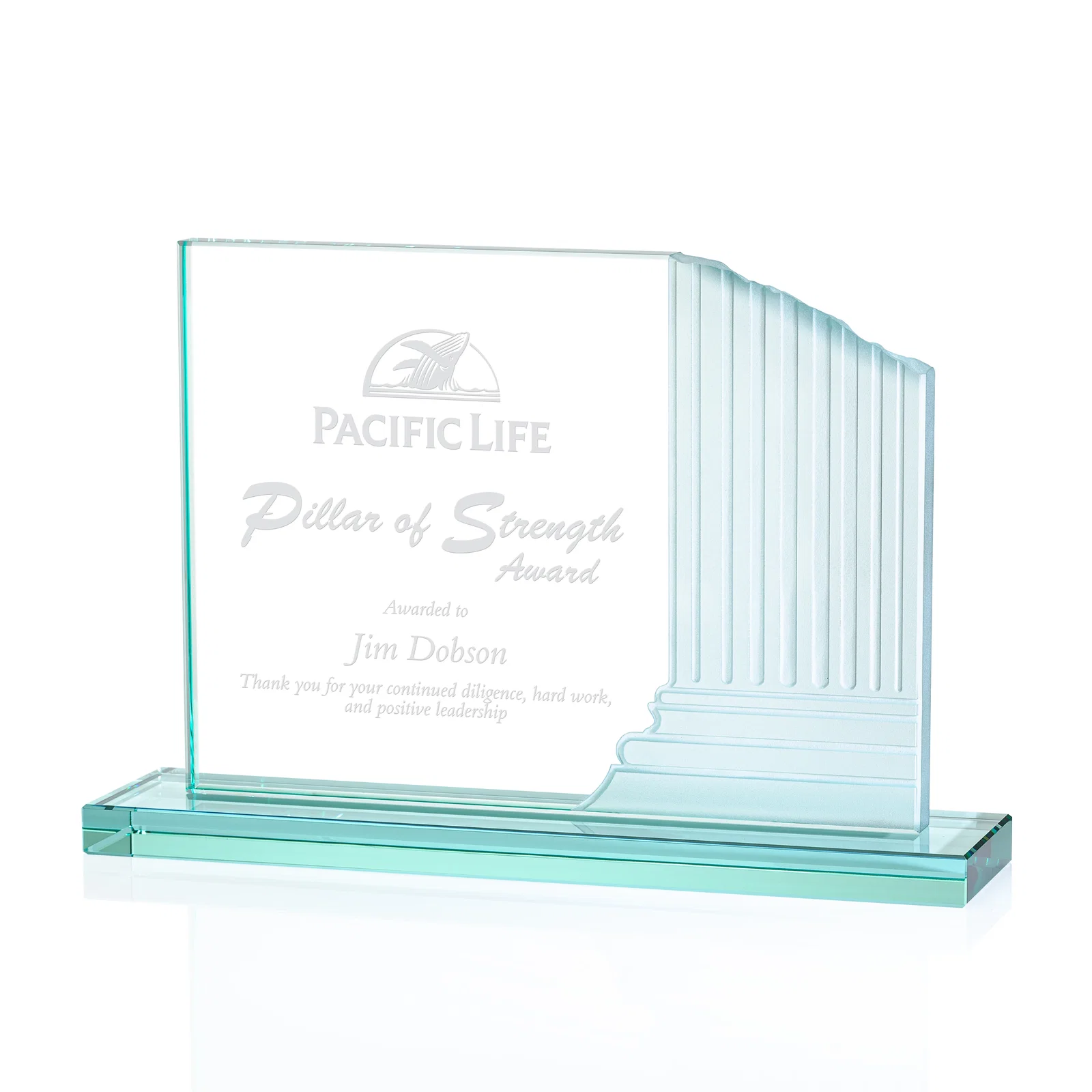 Custom Jade Glass Award Sculpted Into Stepped Colosseum Pillars for corporate award ceremonies