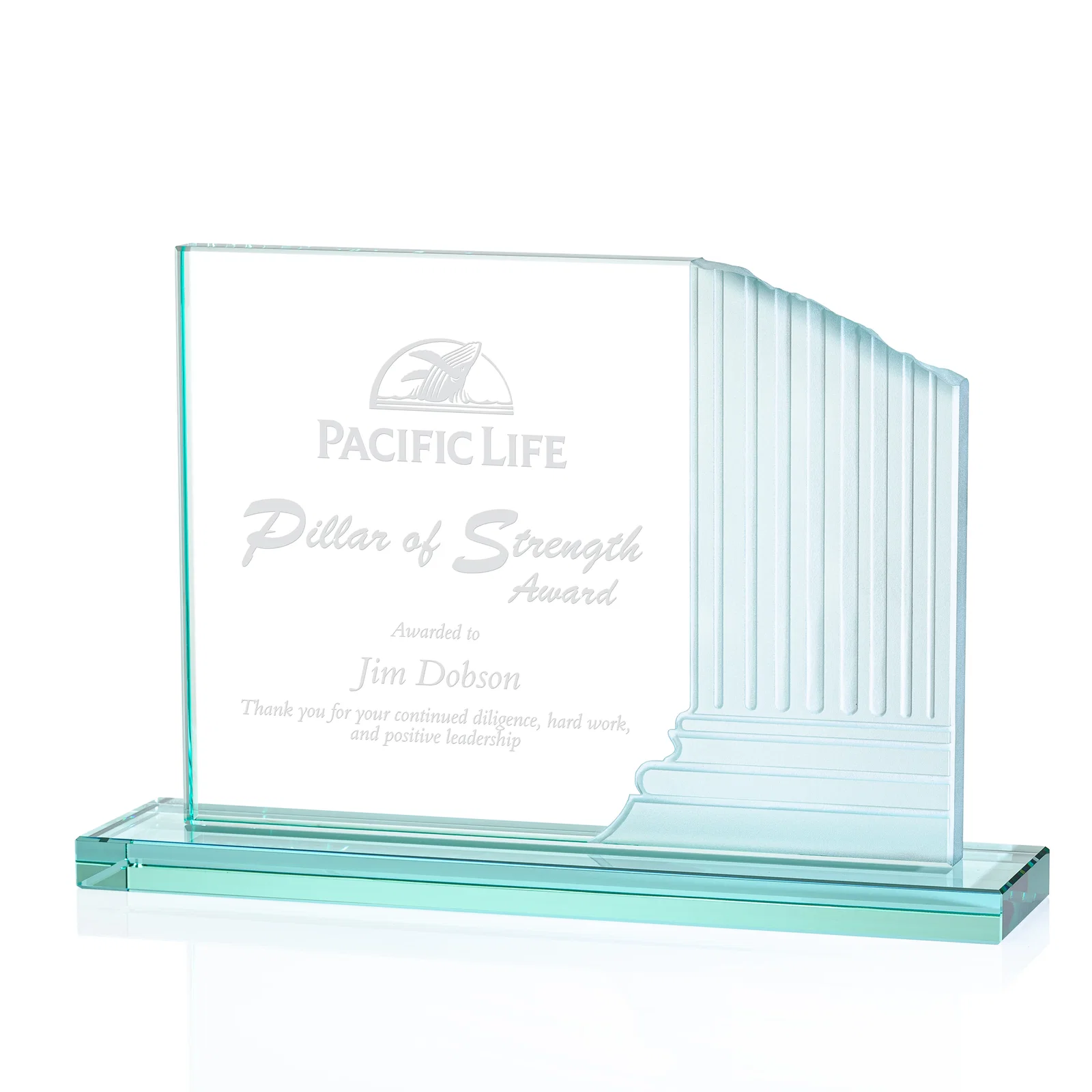 Custom Jade Glass Award Sculpted Into Stepped Colosseum Pillars for service anniversary gifts