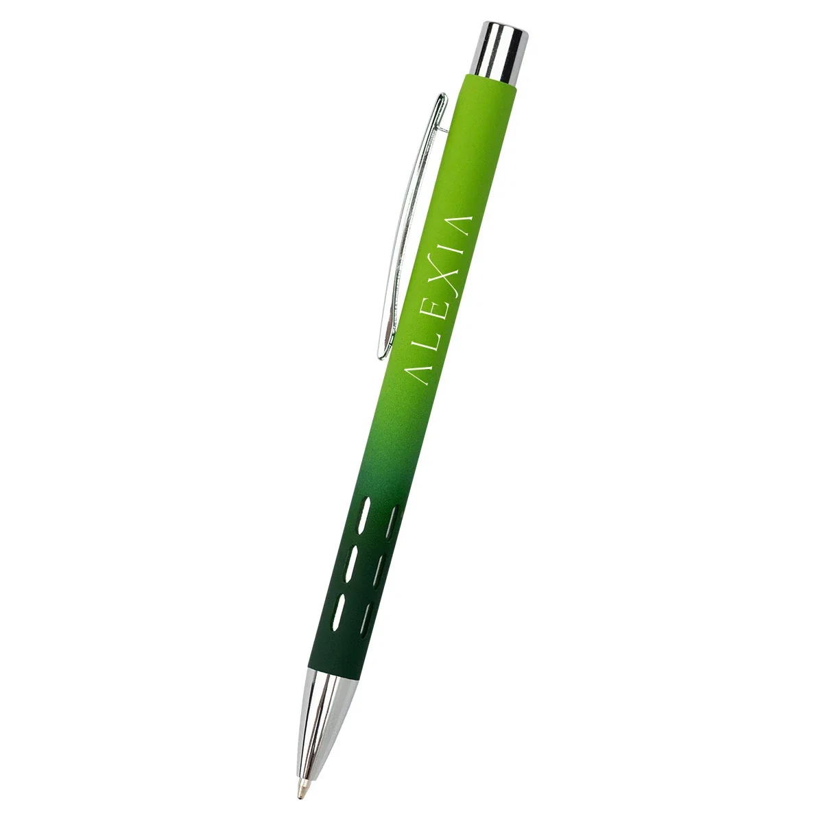 Corner detail of the two-tone aluminum pen and its pocket clip