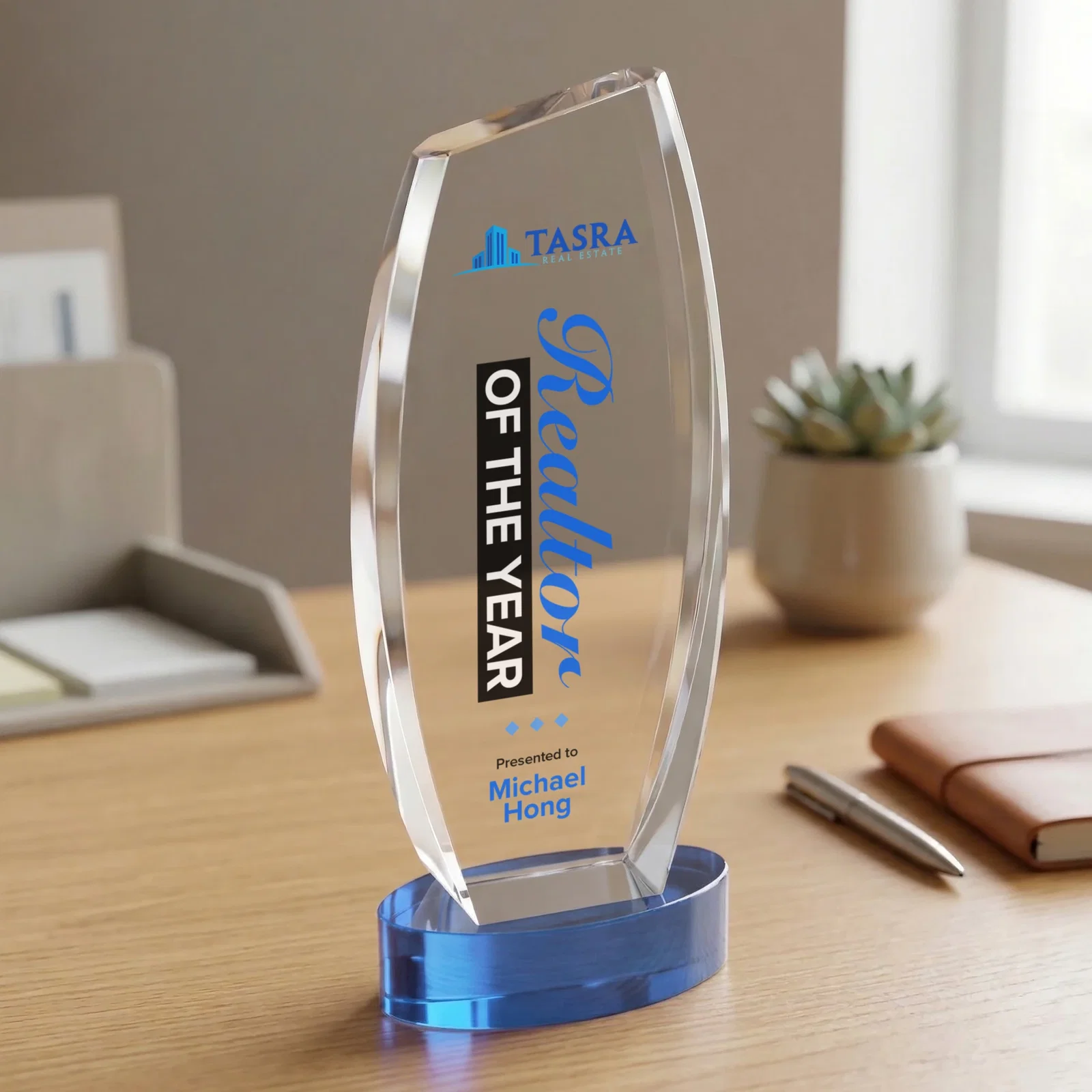 Custom Curved-Side Optical Crystal Peak Award on Oval Base, awards, with your logo for corporate award ceremonies