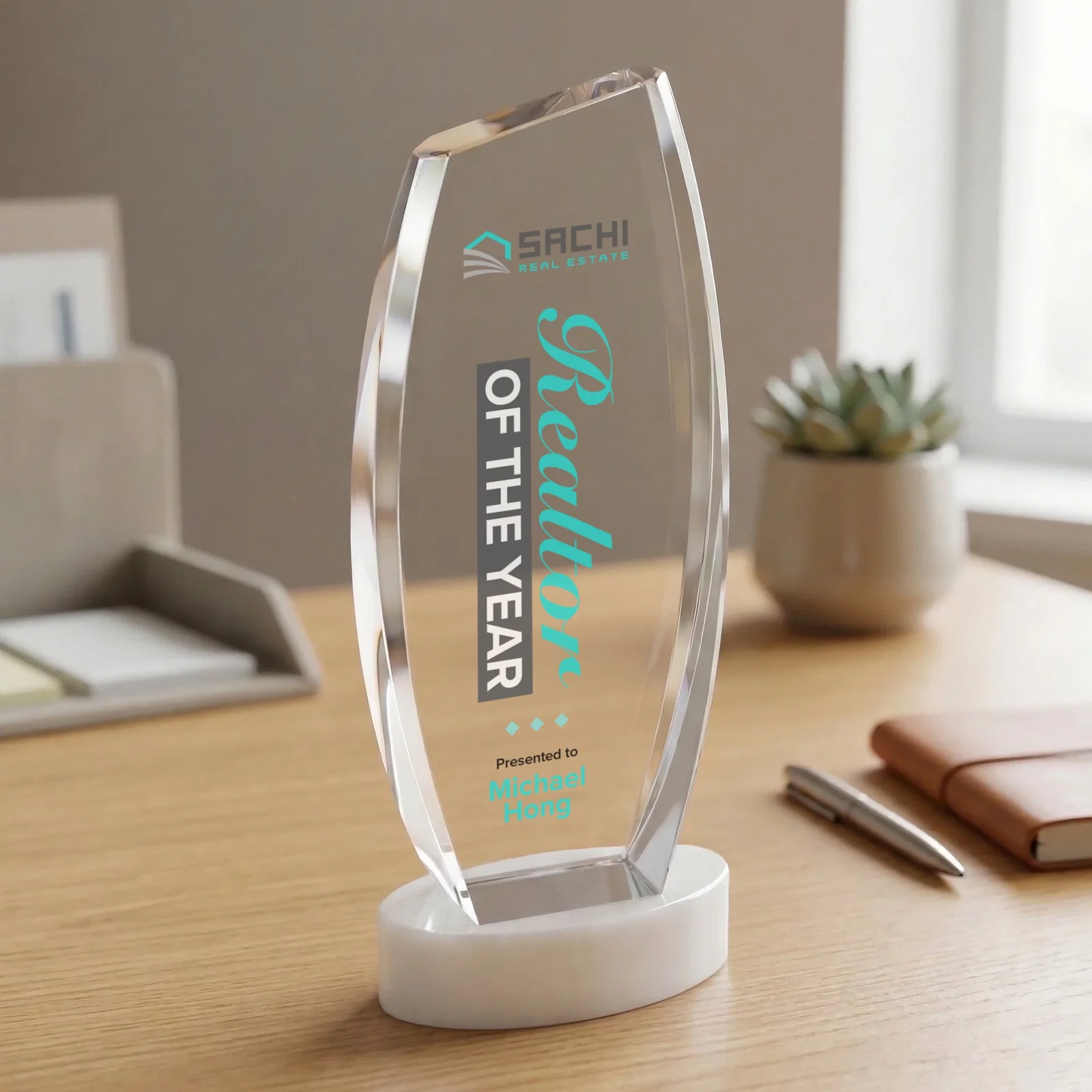 Custom Curved-Side Optical Crystal Peak Award on Oval Base, awards, with your logo for donor appreciation