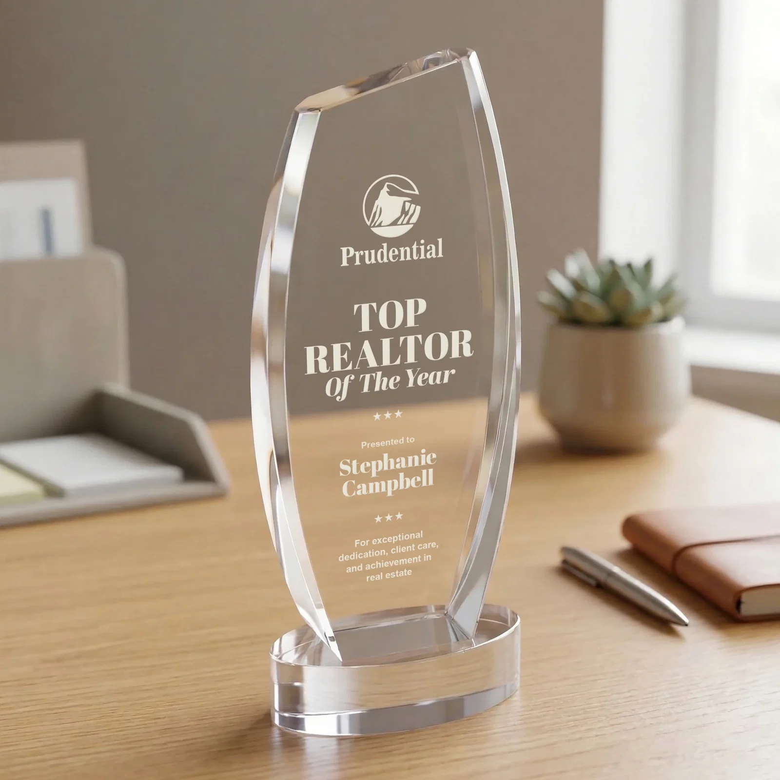 Custom Curved-Side Optical Crystal Peak Award on Oval Base, awards for dealer and partner awards