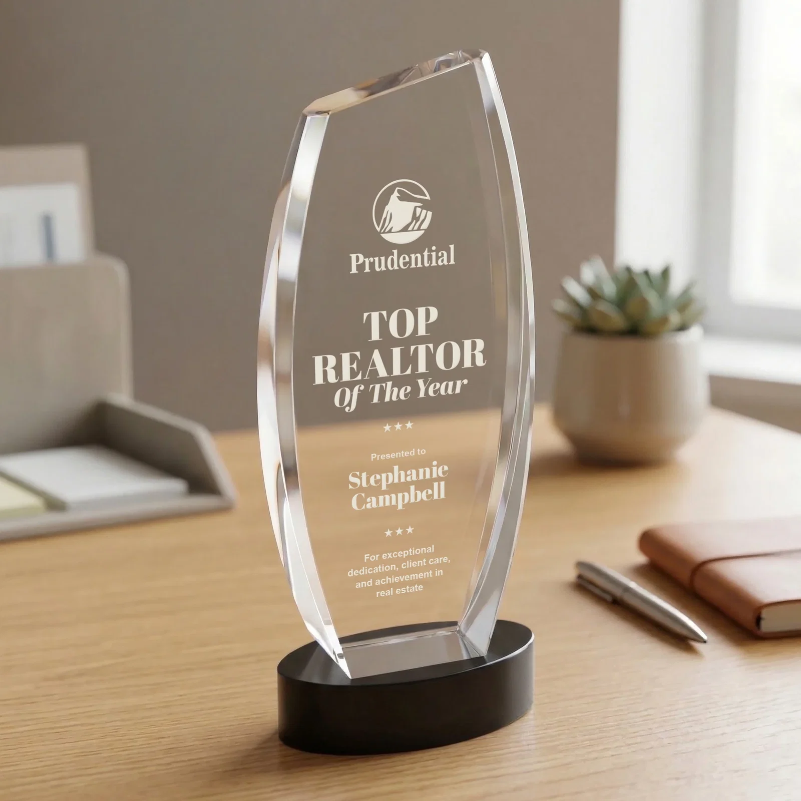 Promotional Curved-Side Optical Crystal Peak Award on Oval Base, awards for corporate award ceremonies