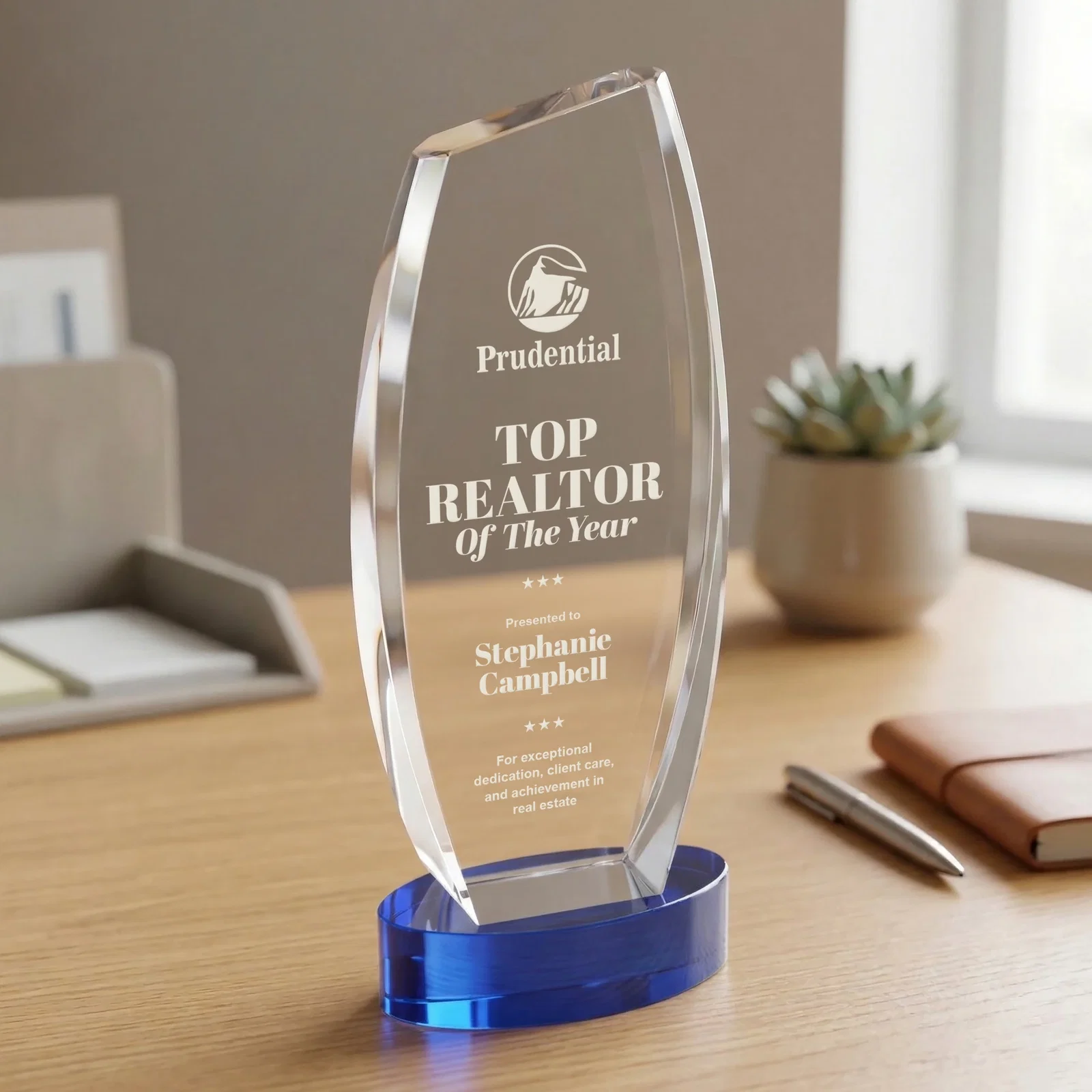 Promotional Curved-Side Optical Crystal Peak Award on Oval Base, awards for donor appreciation
