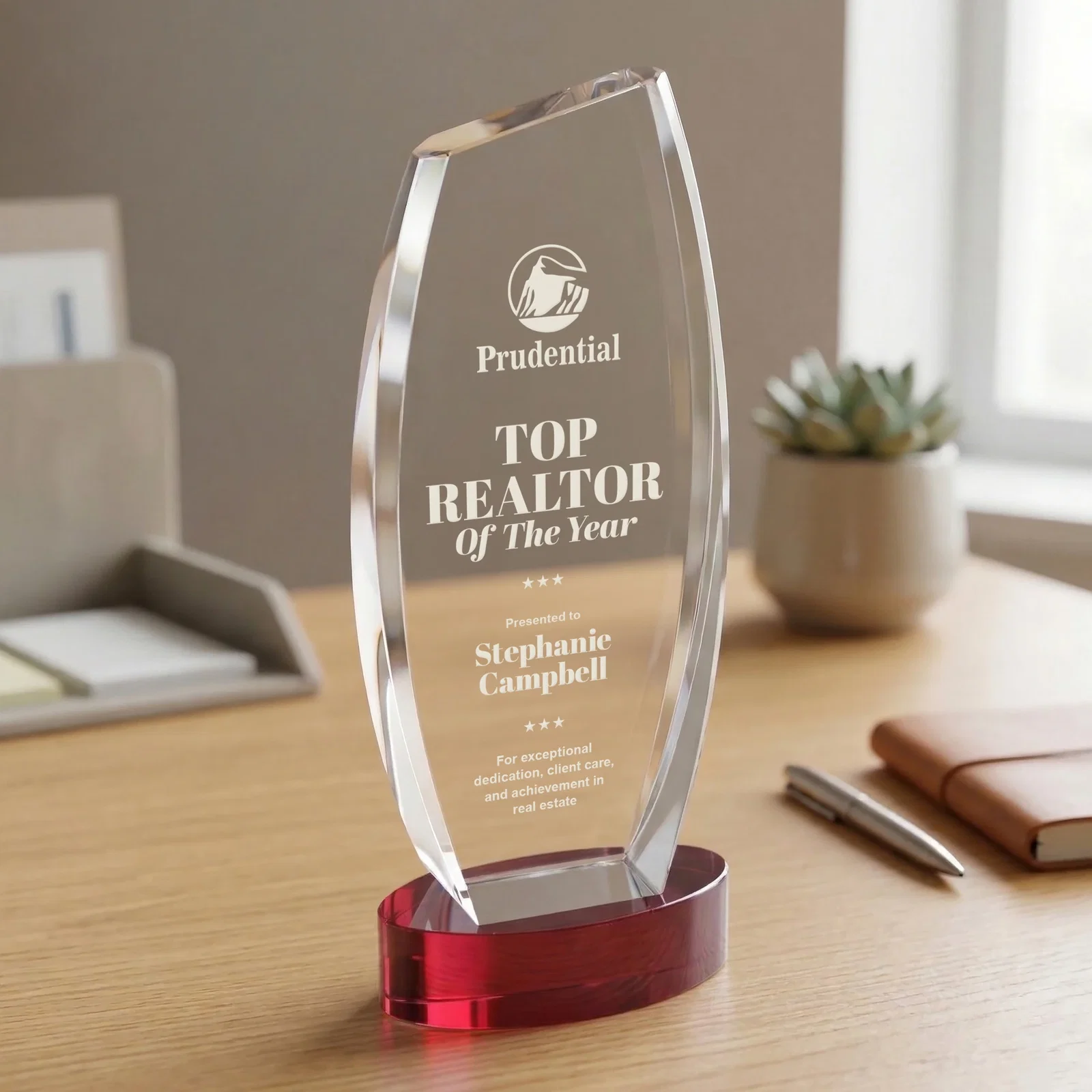 Promotional Curved-Side Optical Crystal Peak Award on Oval Base, awards for company anniversary events
