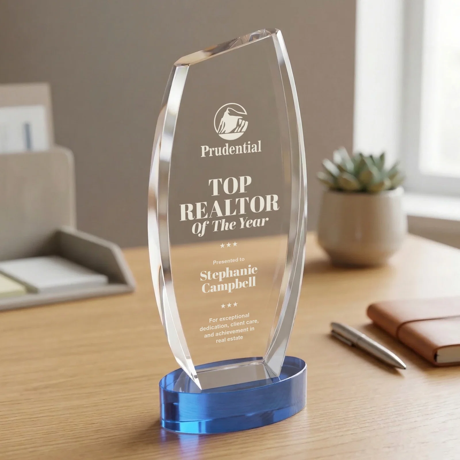Branded Curved-Side Optical Crystal Peak Award on Oval Base, awards for retirement presentations