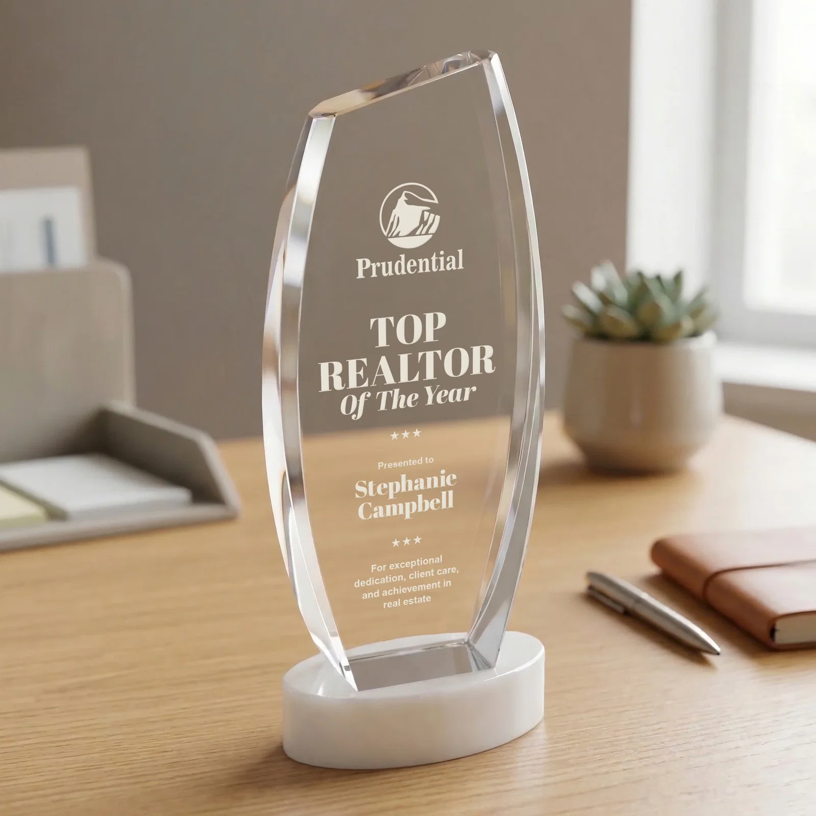 Branded Curved-Side Optical Crystal Peak Award on Oval Base, awards for volunteer appreciation