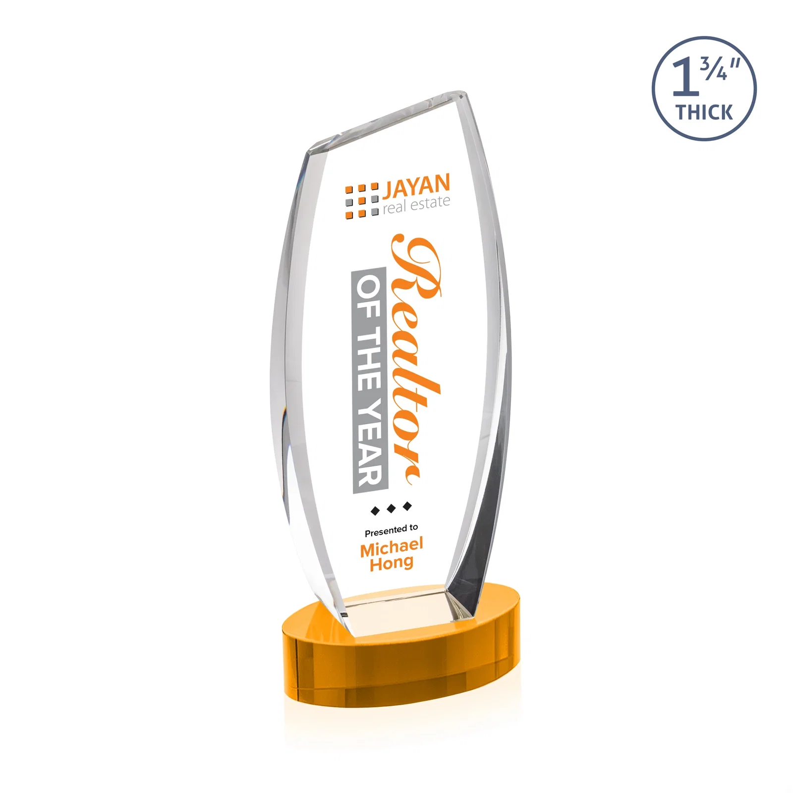Branded Curved-Side Optical Crystal Peak Award on Oval Base, awards for company anniversary events