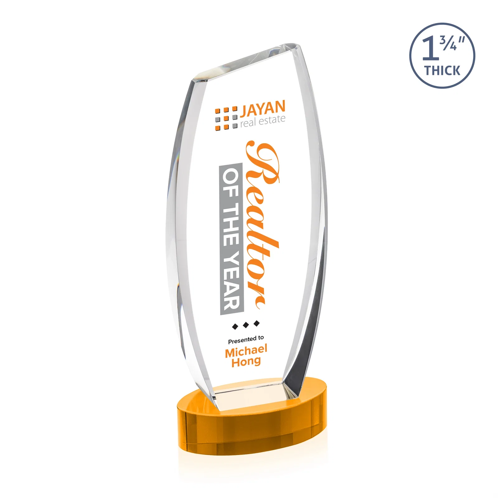 Custom printed Curved-Side Optical Crystal Peak Award on Oval Base, awards for employee recognition
