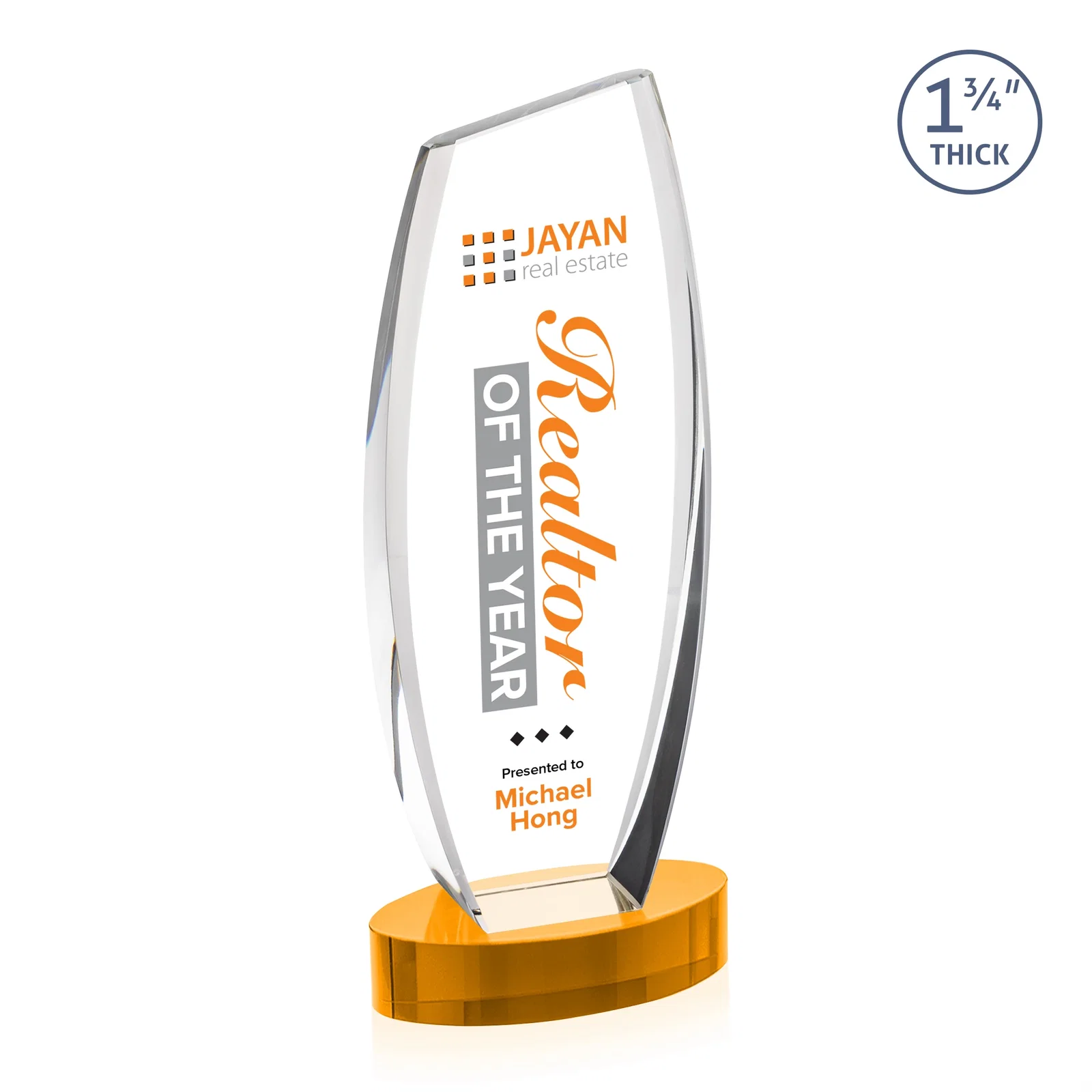 Custom printed Curved-Side Optical Crystal Peak Award on Oval Base, awards for corporate award ceremonies