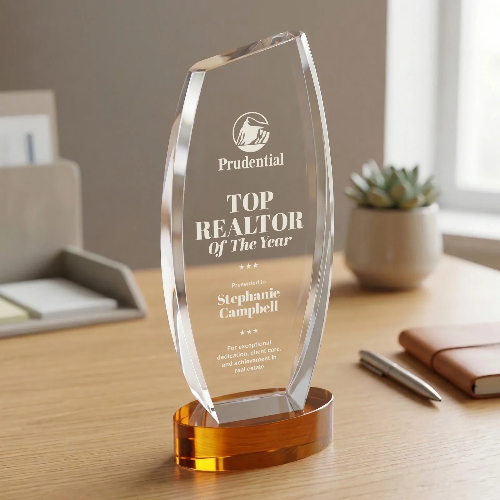 Custom Curved-Side Optical Crystal Peak Award on Oval Base, awards for team milestone celebrations