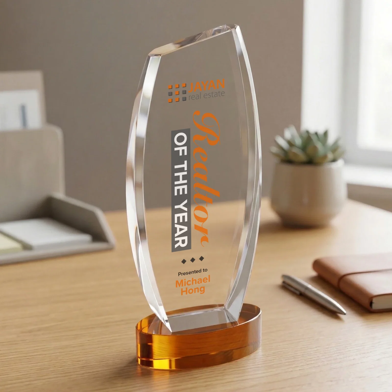 Custom printed Curved-Side Optical Crystal Peak Award on Oval Base, awards for service anniversary gifts