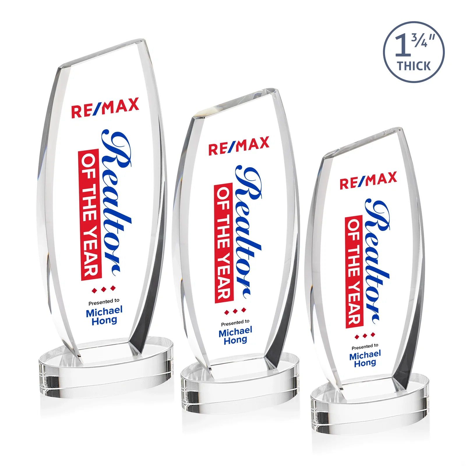 Custom printed Curved-Side Optical Crystal Peak Award on Oval Base, awards for sales achievement awards