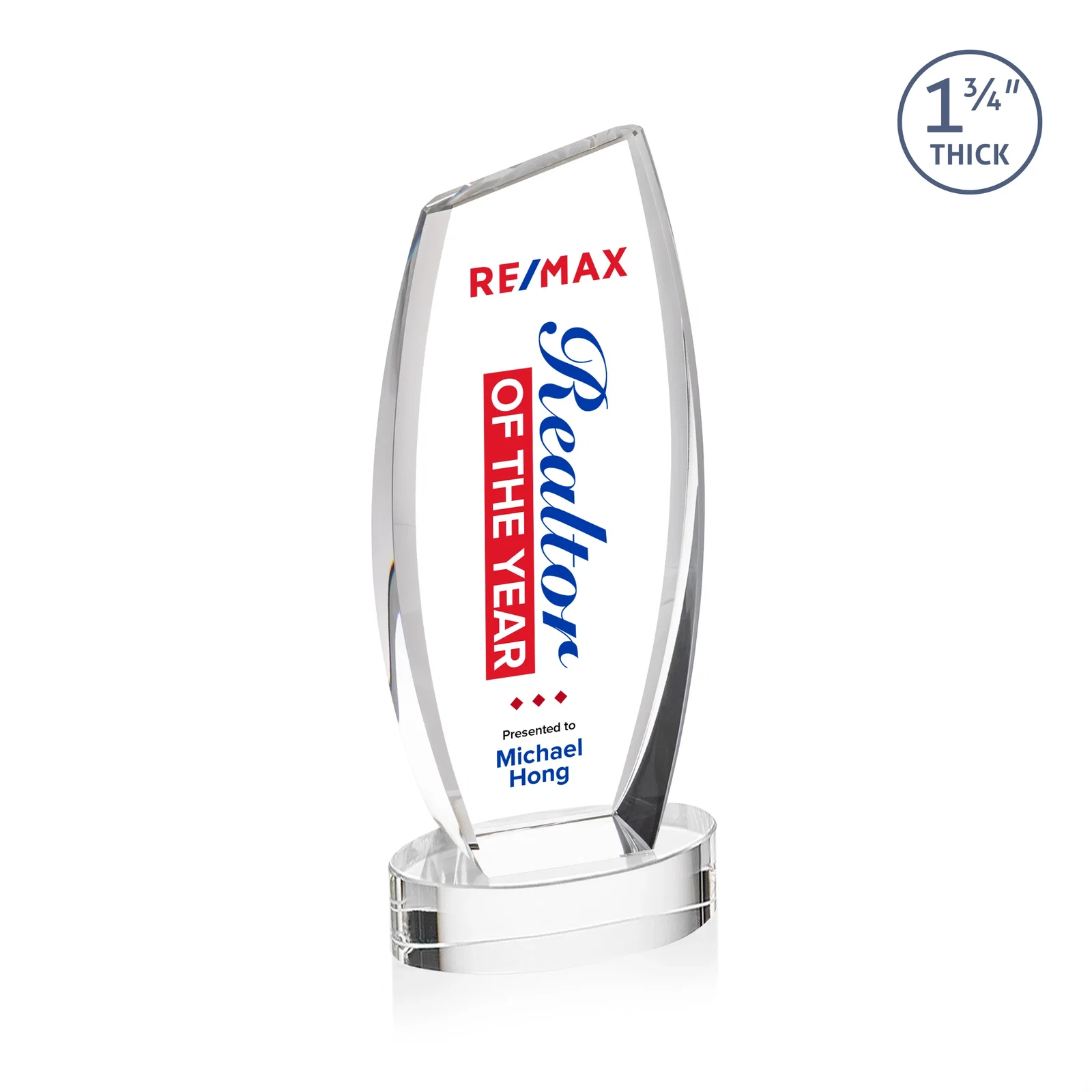 Custom printed Curved-Side Optical Crystal Peak Award on Oval Base, awards for retirement presentations