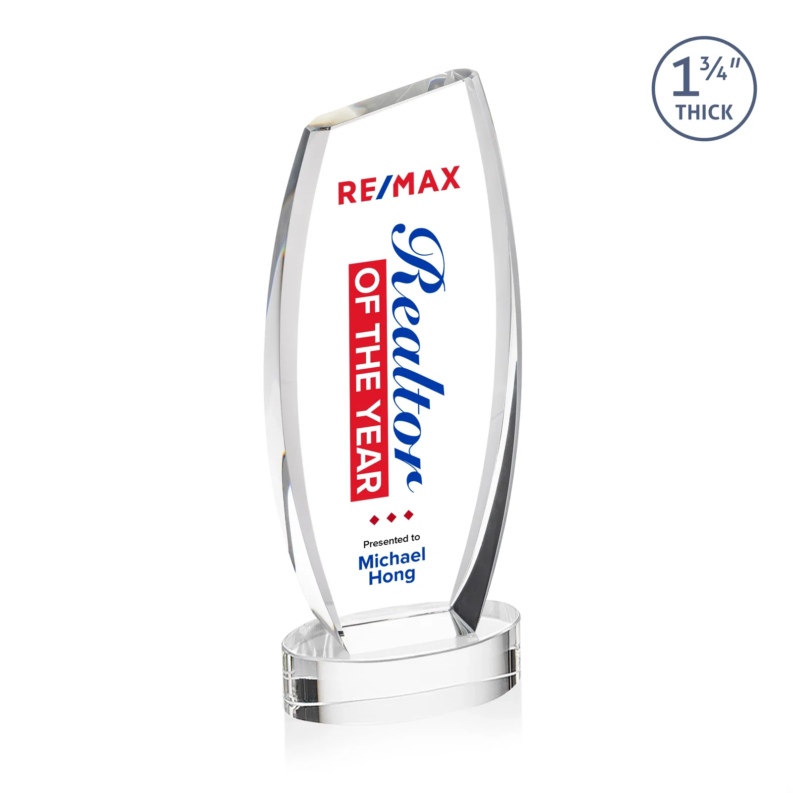 Custom printed Curved-Side Optical Crystal Peak Award on Oval Base, awards for team milestone celebrations
