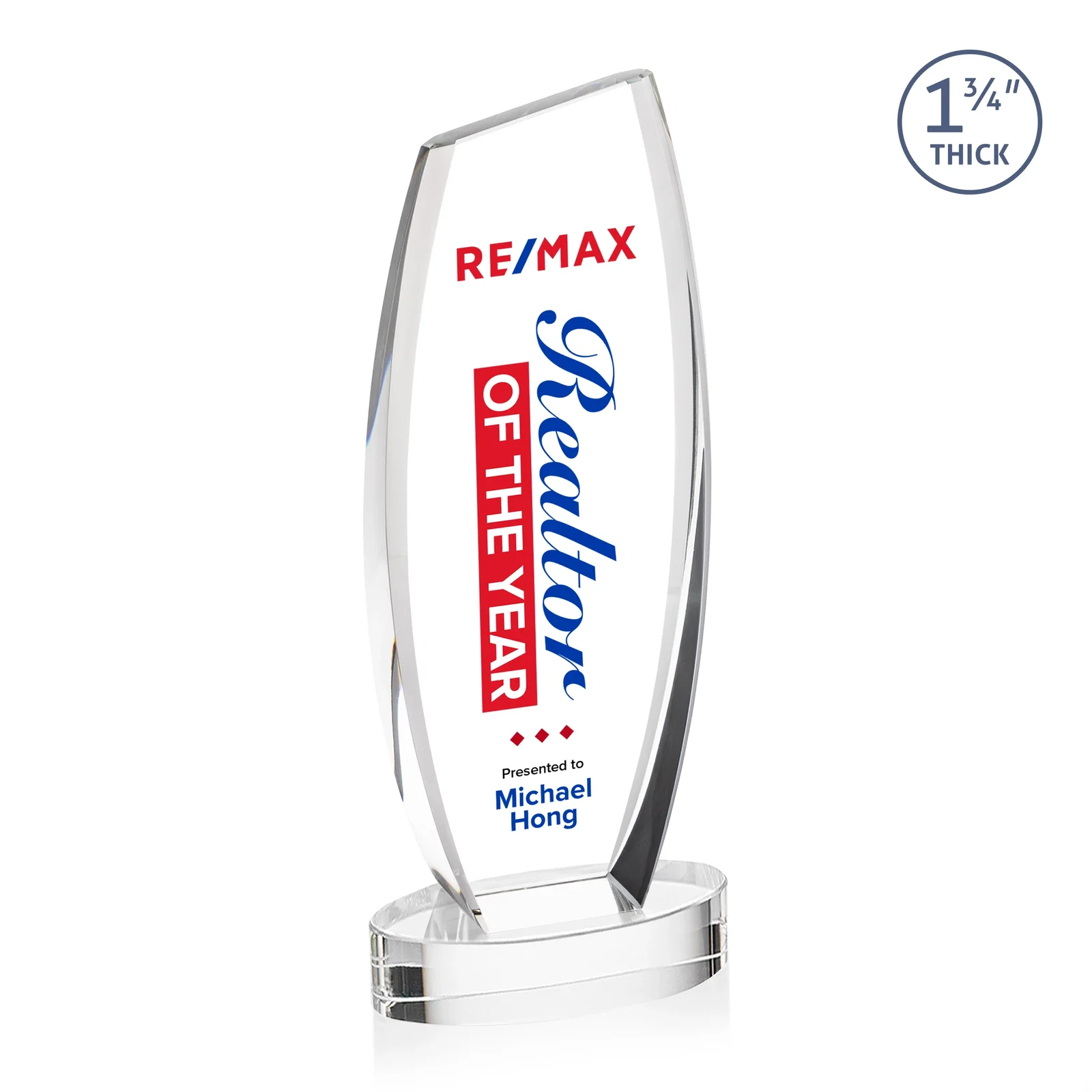 Custom printed Curved-Side Optical Crystal Peak Award on Oval Base, awards for donor appreciation