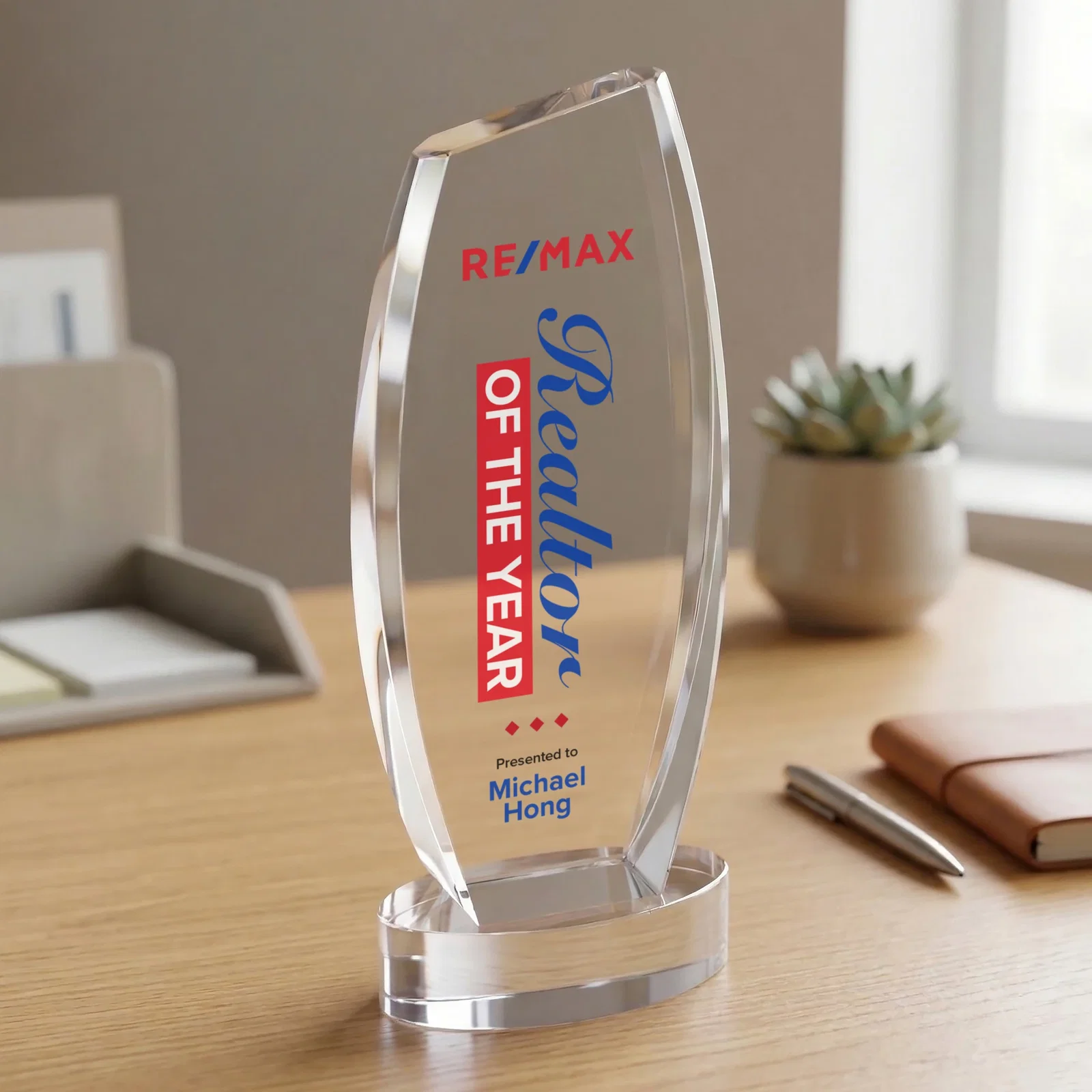 Custom printed Curved-Side Optical Crystal Peak Award on Oval Base, awards for graduation ceremonies